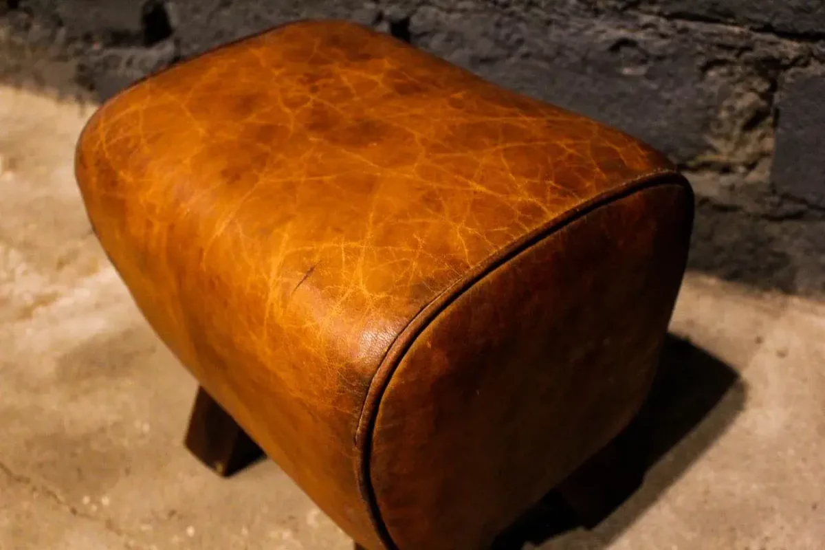 Cheval d'arçon en cuir, détail de la sellerie.