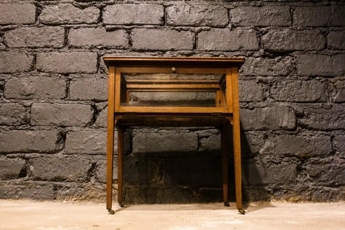 Petite vitrine laiton roulettes, vue d'ensemble.