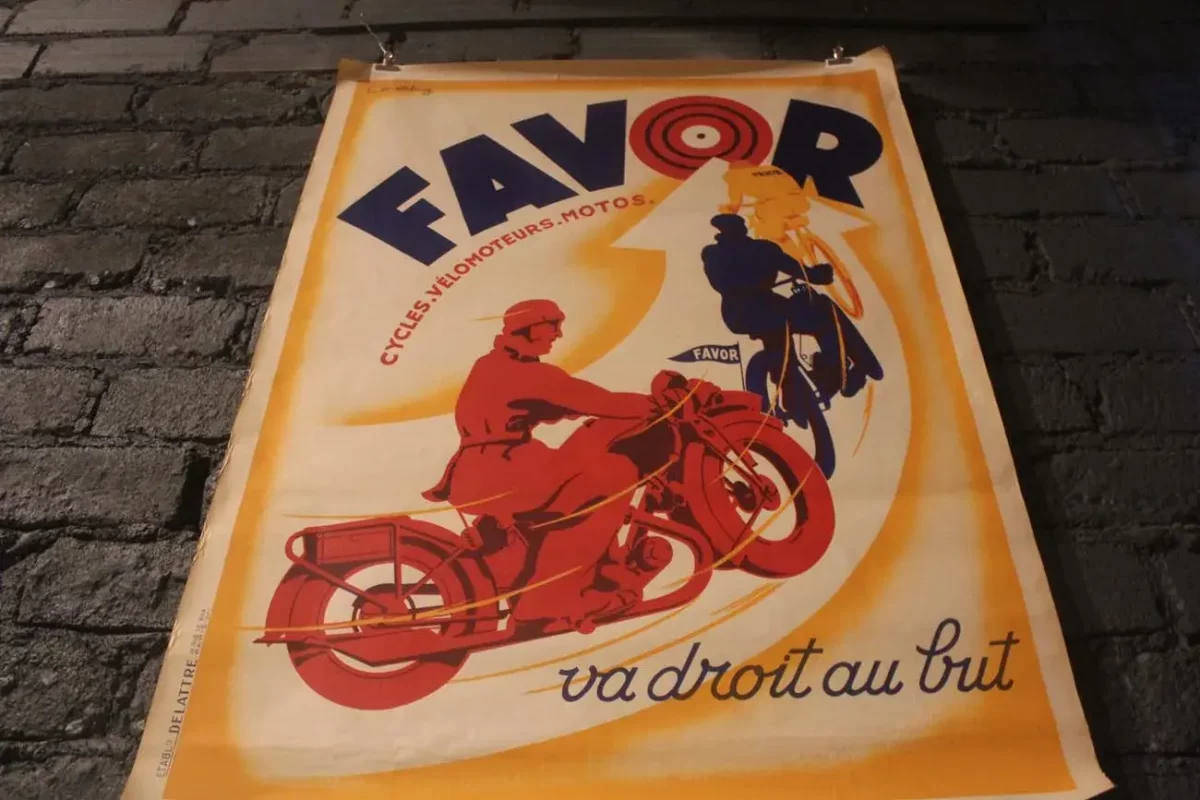 Affiche FAVOR, illustration cycles, vélomoteurs.