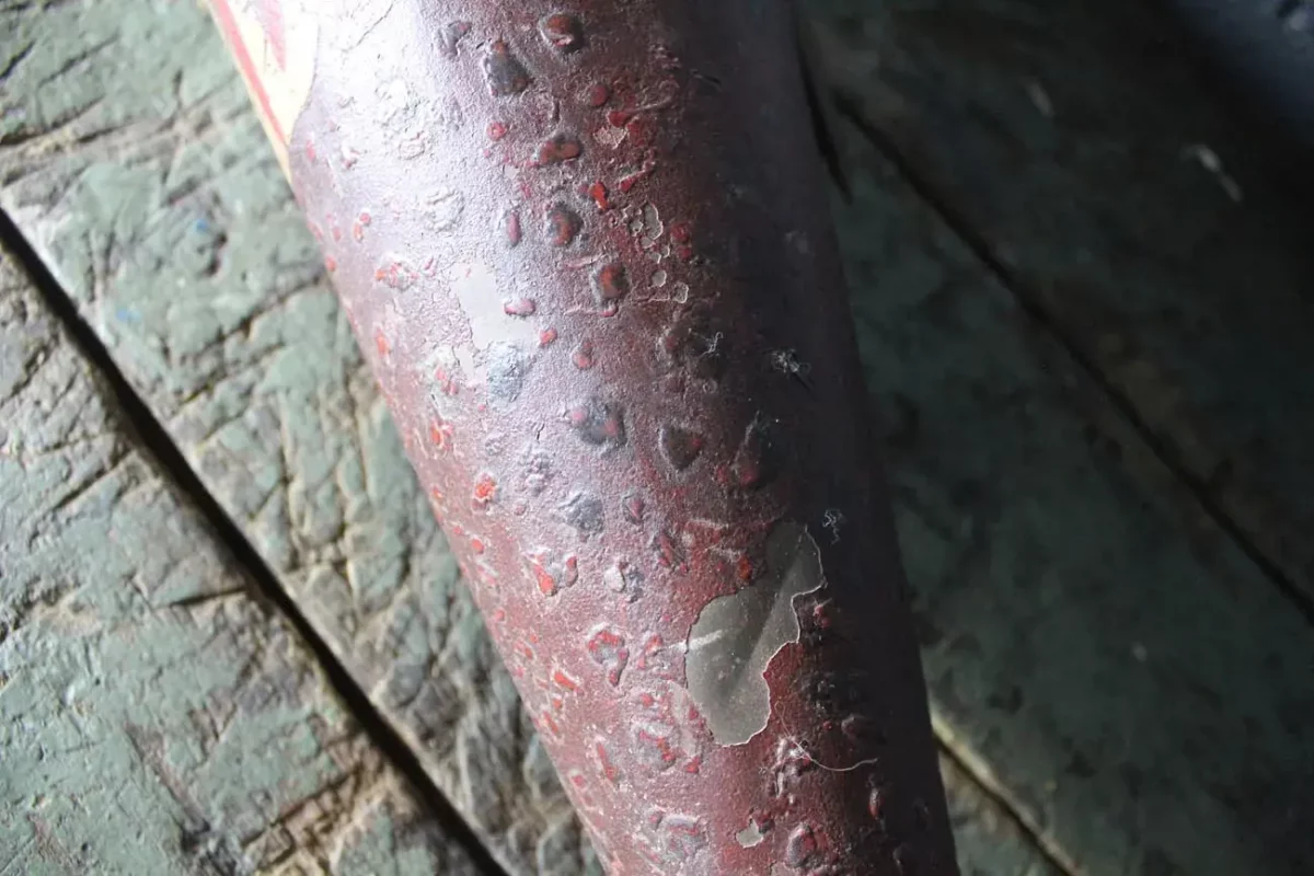 Détail de la peinture craquelée de la carotte de tabac.
