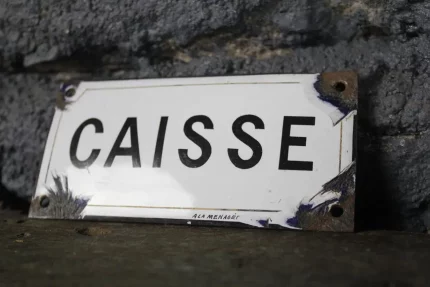 Plaque émaillée "CAISSE", style vintage et authentique.